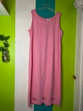 Sleeveless Pink Linen Embroidered Maxi Dress